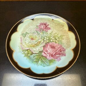 Dresden China 10” Plate Roses Black Scalloped Border Gold Rim